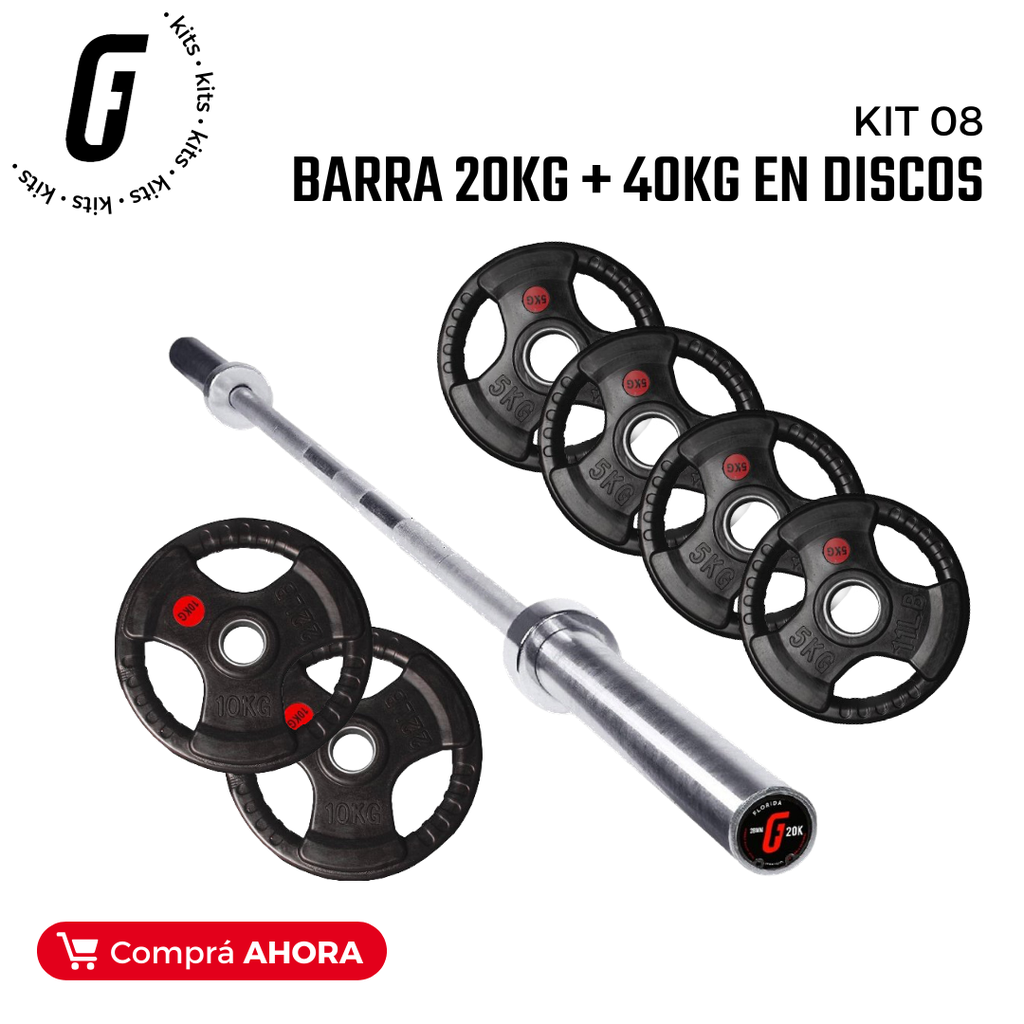 Kit 08: Barra Olimpica 20kg + 60kg en Discos