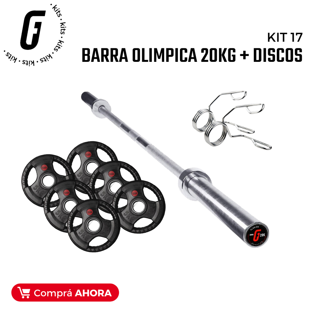 Kit 17: Barra olimpica 20kg + Discos