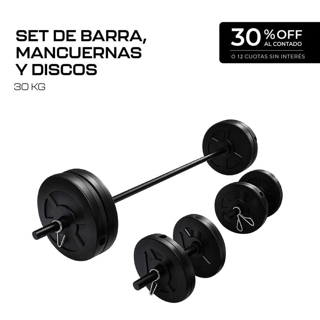 Set de Barra, Mancuernas y Discos 30KG